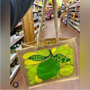 Trader joe TJ lemon lime printed Jute Tote Shopping Bag - Green and Yellow NEW